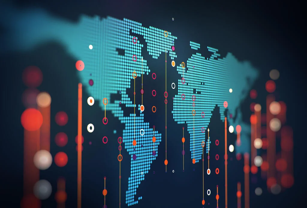 World map overlaid with data and analytics data points.