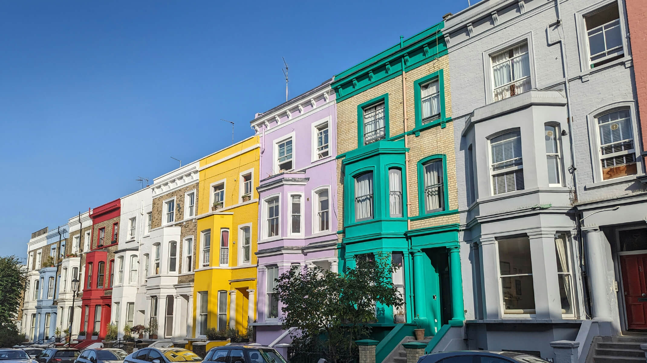 Colourful row of houses in Notting Hill, London, UK