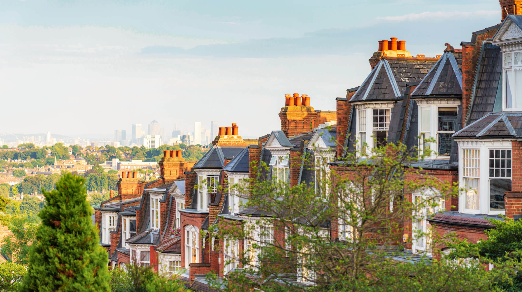 A row of red brick houses in Muswell Hills, London, UK, England.